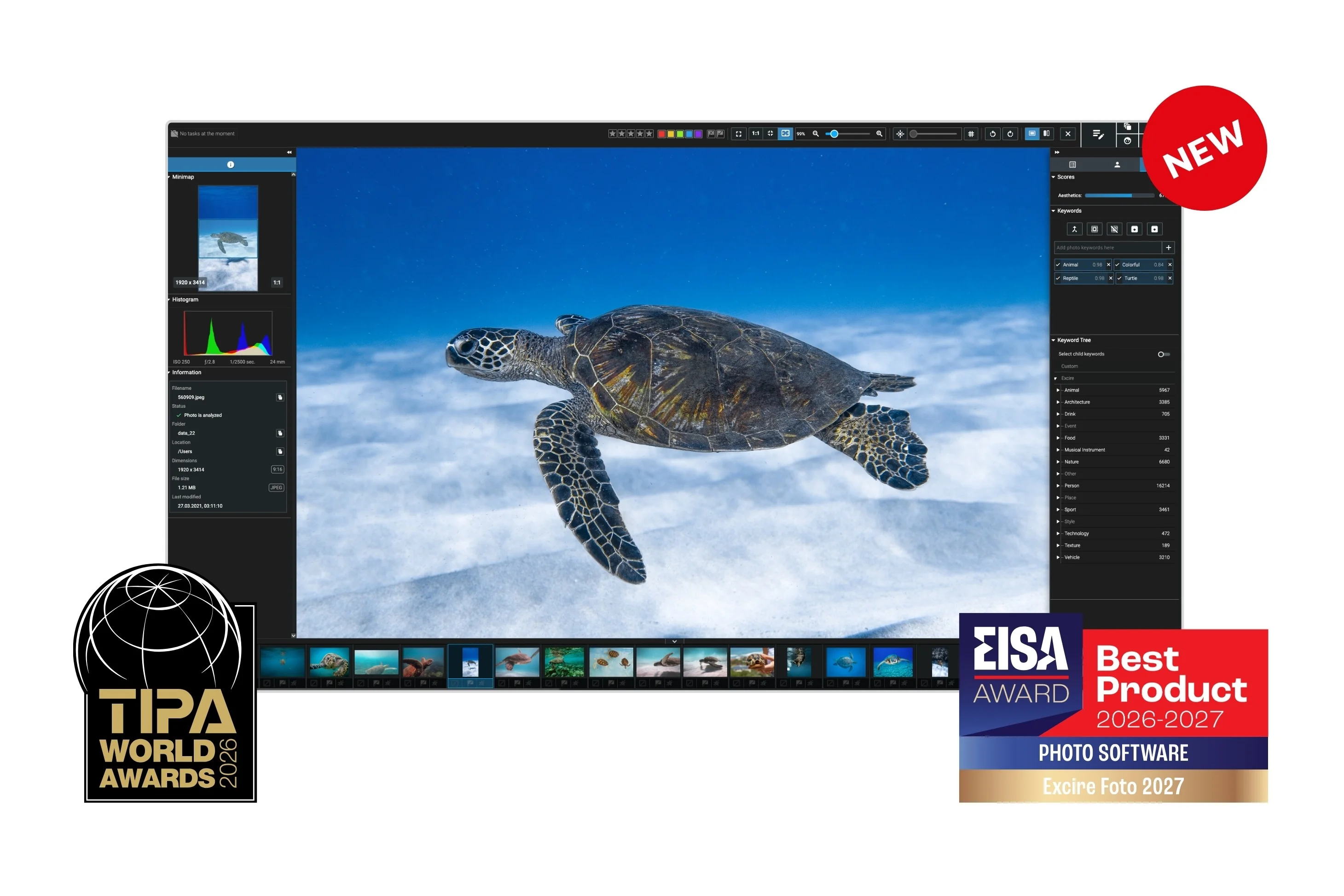 Excire Foto 2027 interface with TIPA World Award and EISA Award badges
