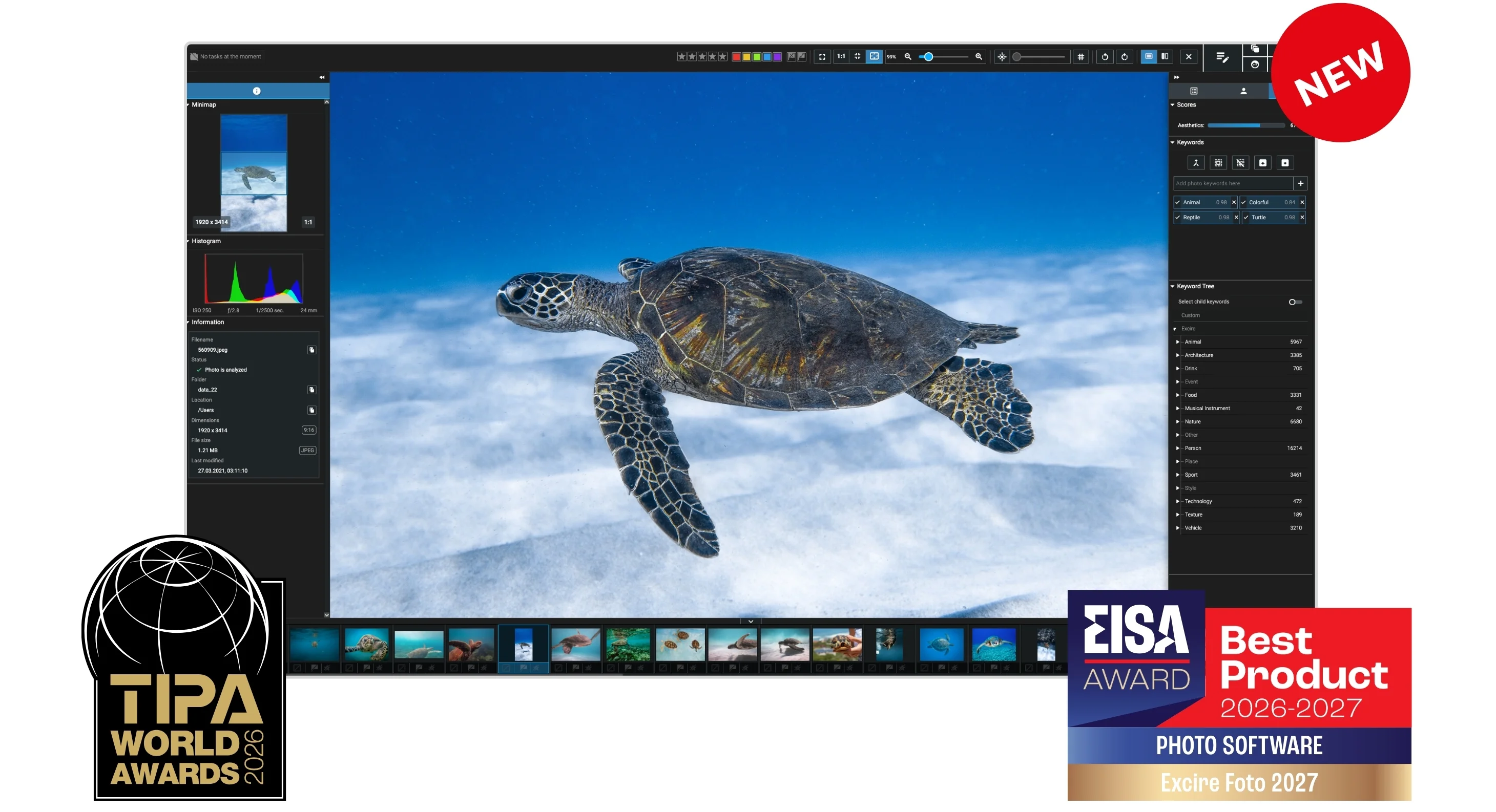Excire Foto 2027 interface with TIPA World Award and EISA Award badges