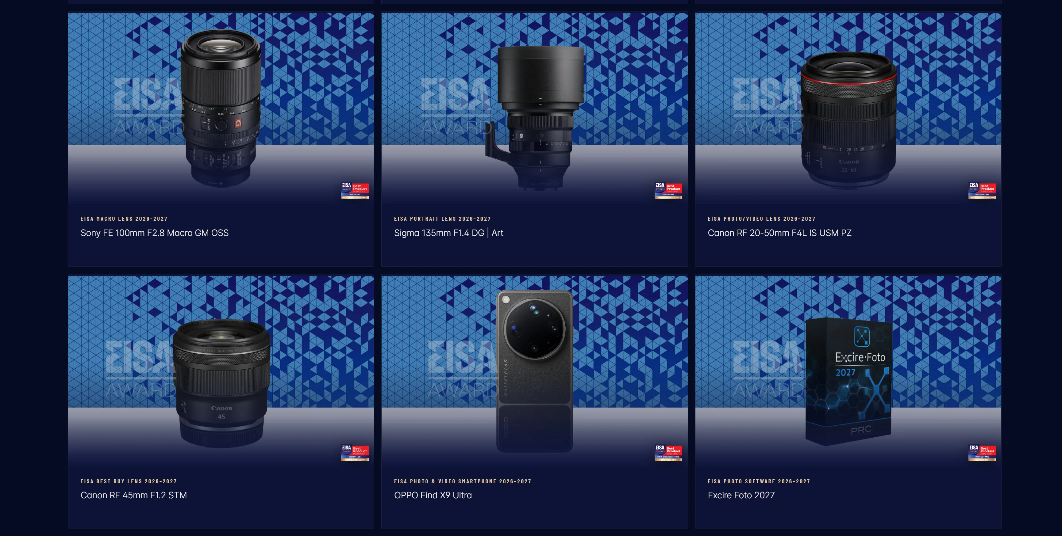 EISA Award 2026-2027 winners including lenses, a smartphone, and Excire Foto 2027