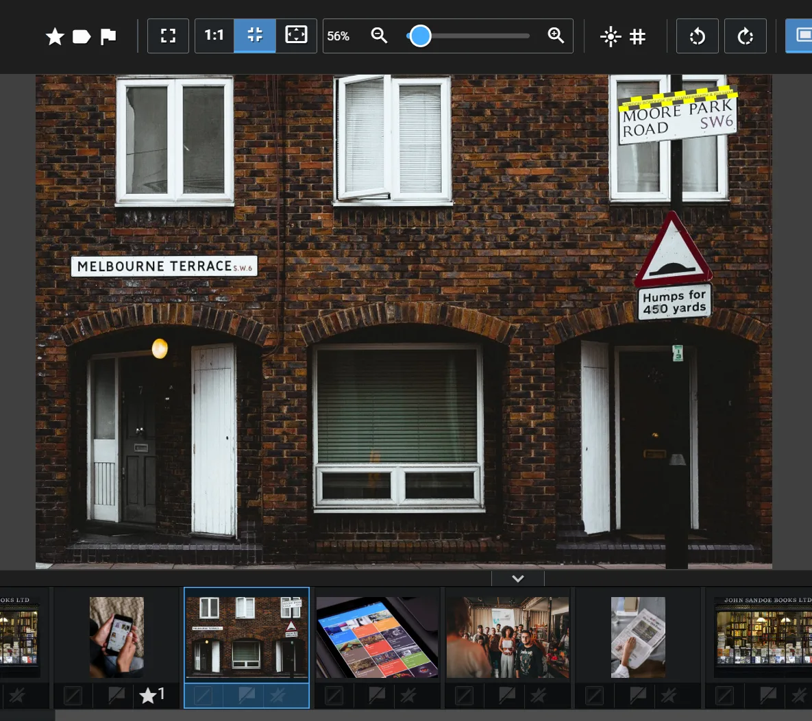 Excire Foto 2027 visible-text search highlighting the Moore Park Road street sign on a London brick house