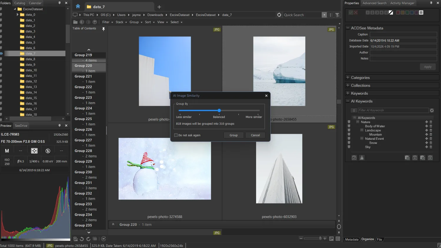 ACDSee Photo Studio Ultimate 2027 Manage mode with the AI Image Similarity grouping dialog