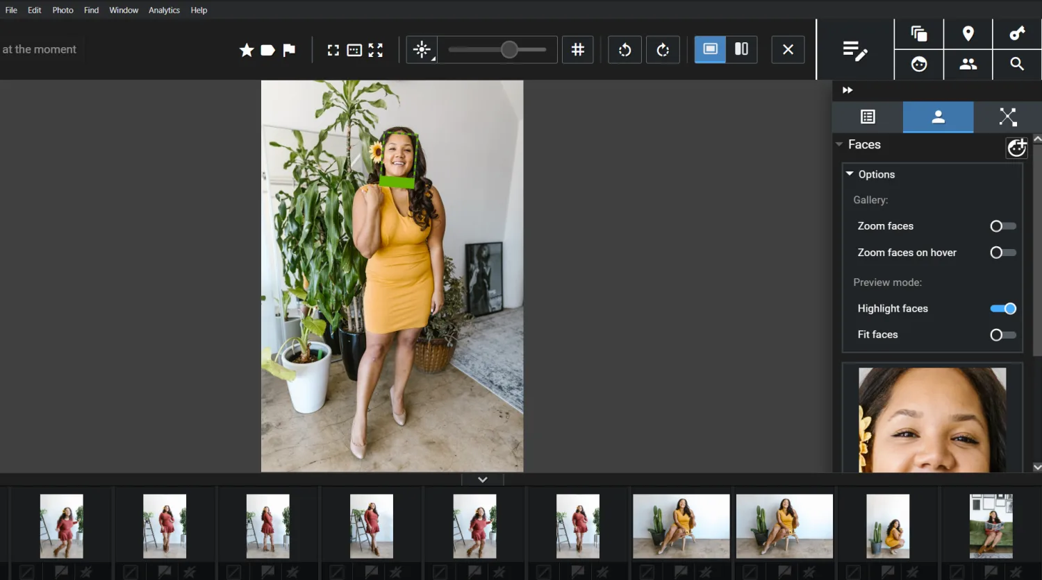 Excire Foto 2027 preview with a highlighted face and the Faces panel