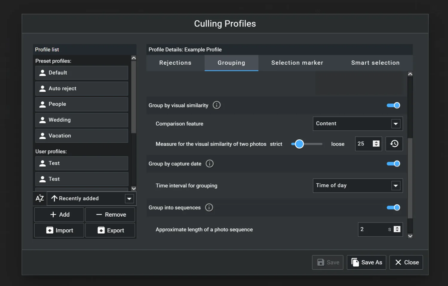 Excire Foto 2027 Culling Profiles dialog with grouping options