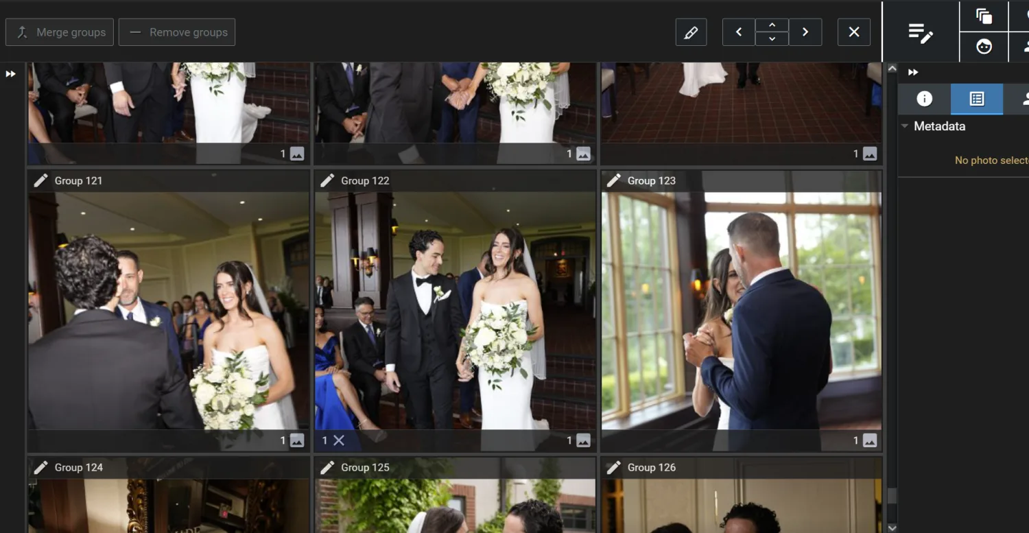 Excire Foto 2027 culling groups with photos from a wedding ceremony