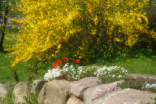 Unscharfe Gartenaufnahme mit roten und weißen Blumen hinter einer Steinmauer, fotografiert durch eine kleine Öffnung am Ende eines Tubus | Excire