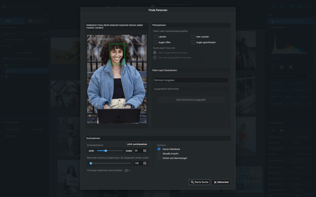 Softwarefenster zur Gesichtserkennung mit Filteroptionen und Suchfunktionen.