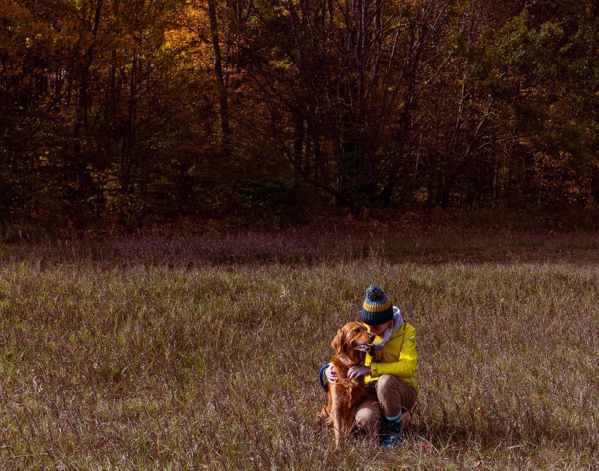 A dog and person in a field together in Northern Michigan.