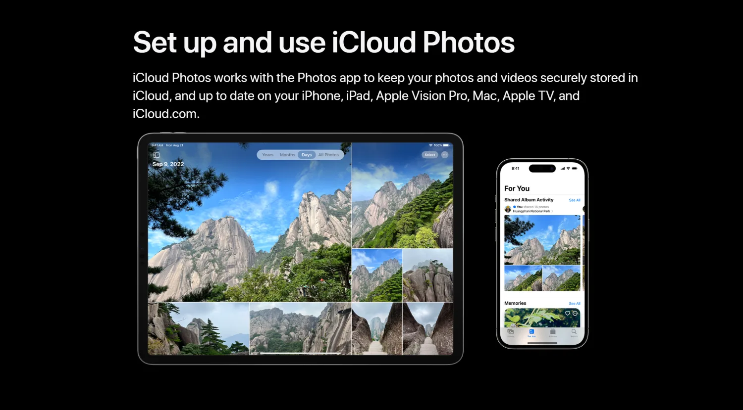 Page explaining how to set up and use iCloud Photos