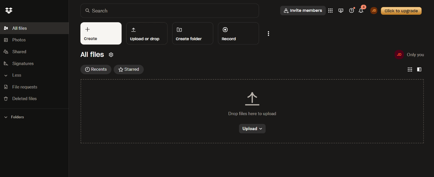 Dropbox main page with file organization features