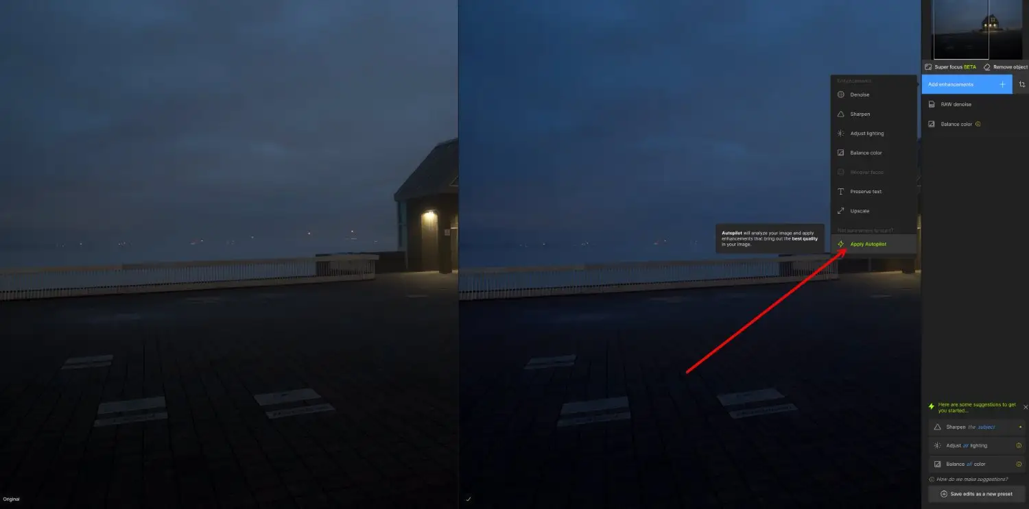 Topaz Photo AI 3 comparison view with Apply Autopilot selected