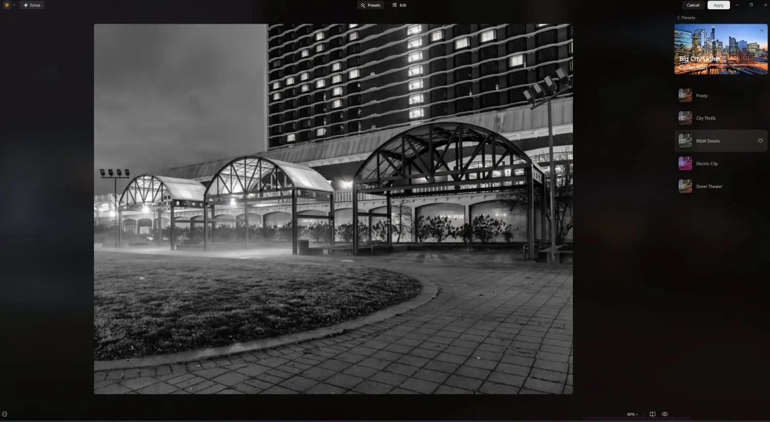 Luminar Neo plugin displaying Big City Lights editing presets