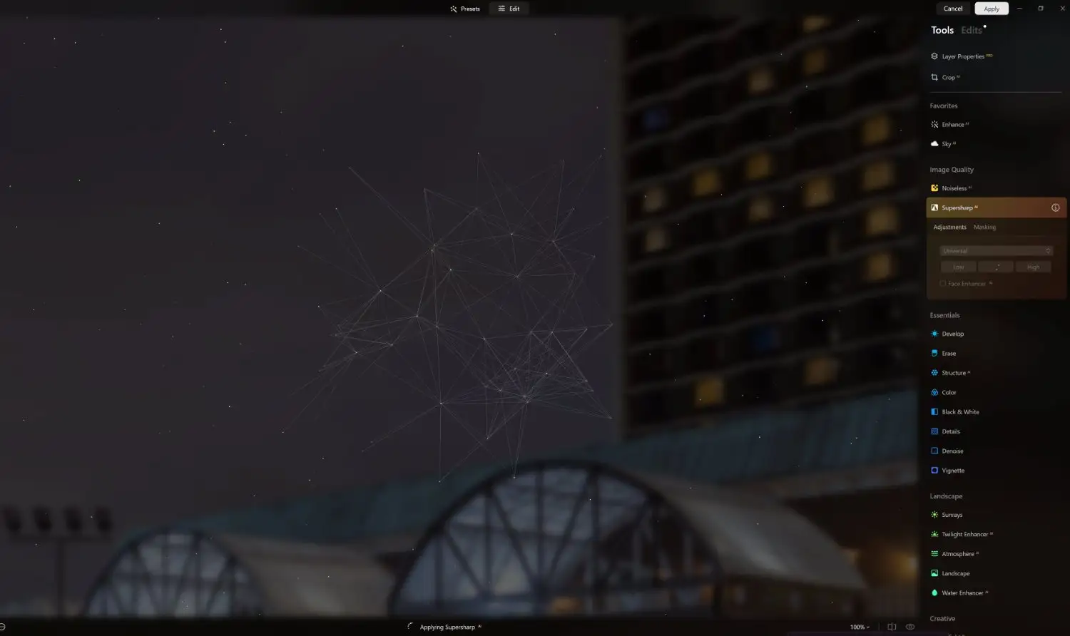Supersharp AI in Luminar Neo screenshot with animation