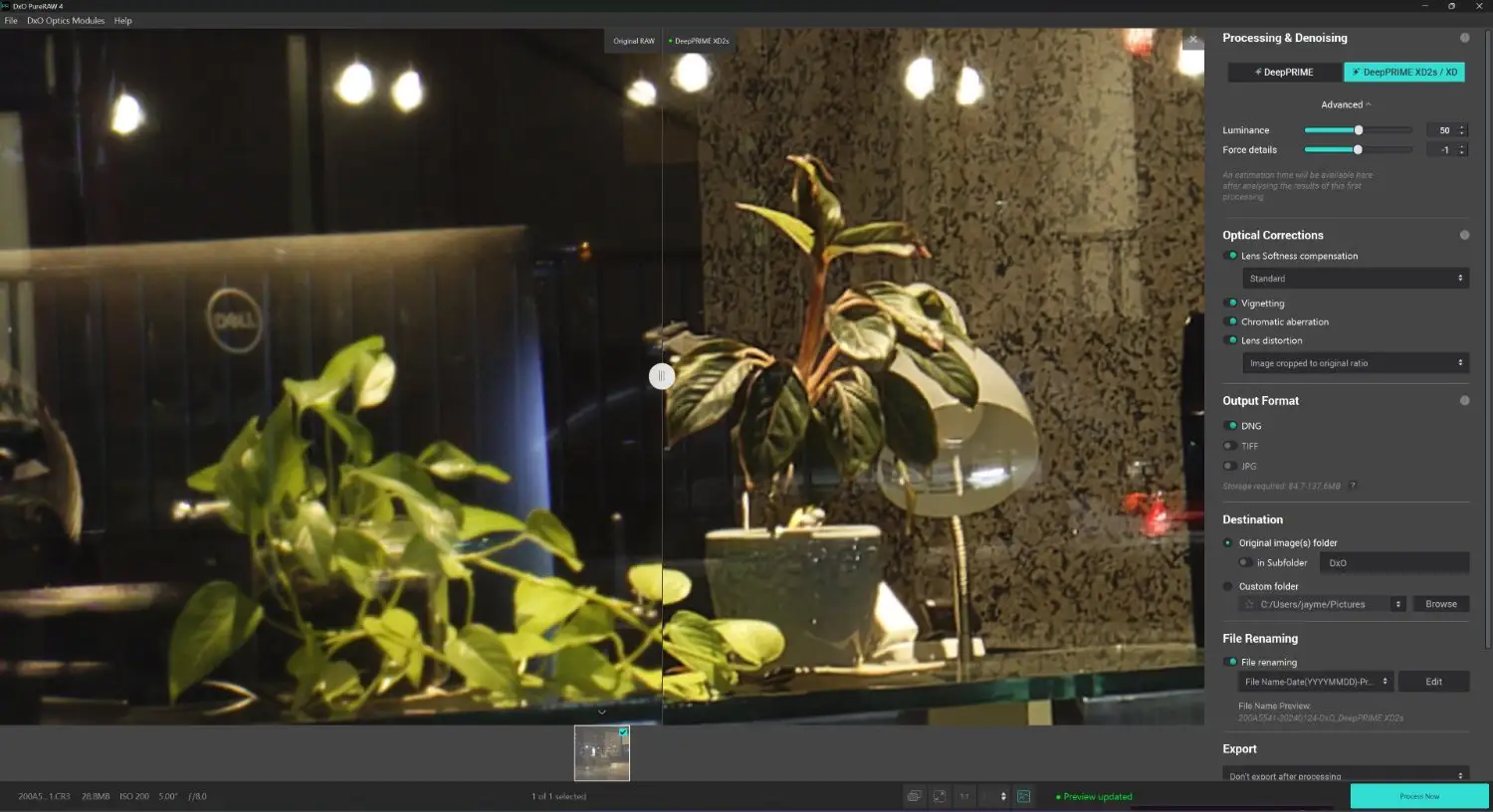 DxO PureRAW plugin with zoomed in image showing noise reduction
