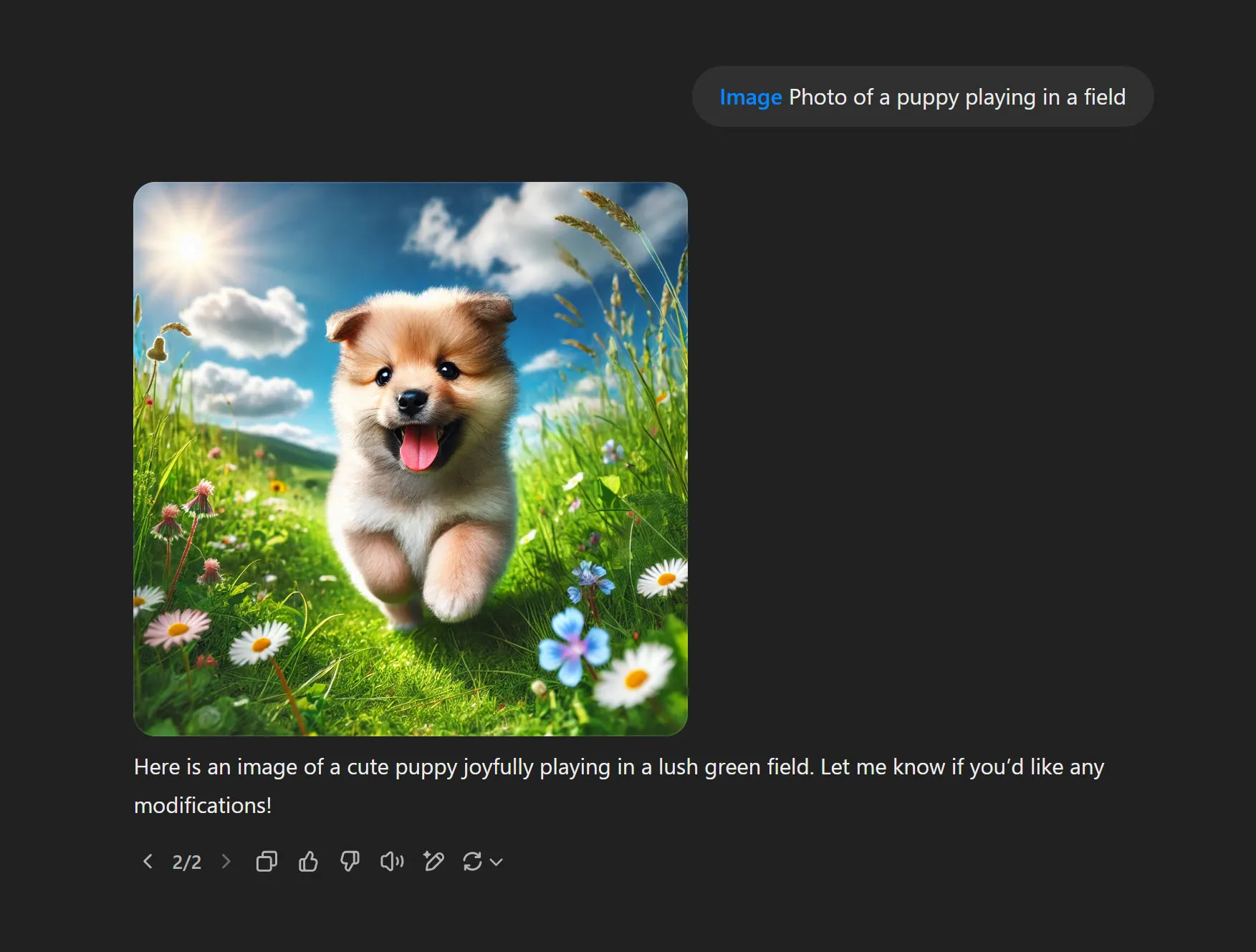 Prompting ChatGPT to create an image of a puppy in a field