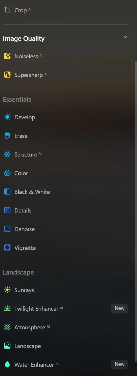A list of Luminar Neo's editing tools