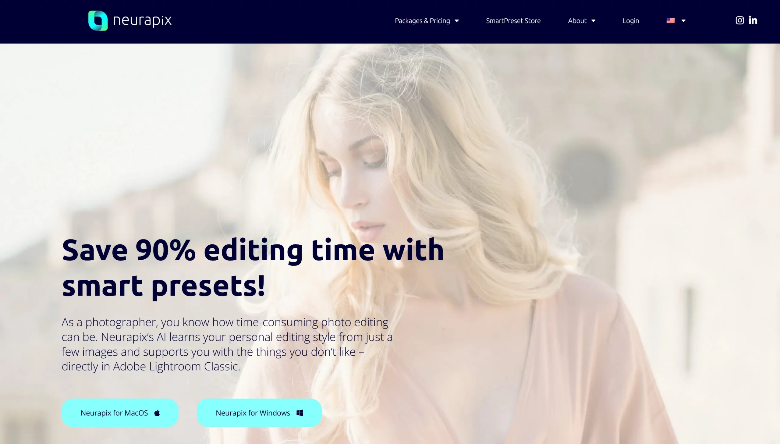 Neurapix website screenshot selling AI editing presets