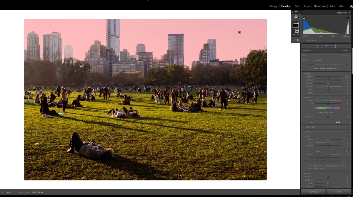 An AI-generated mask of the sky in Lightroom