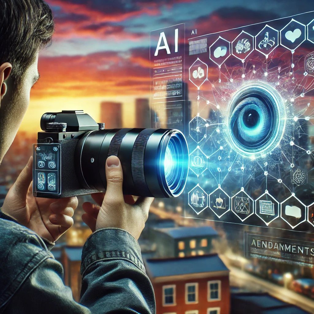 A person holding a futuristic looking camera, as created by DALL-E