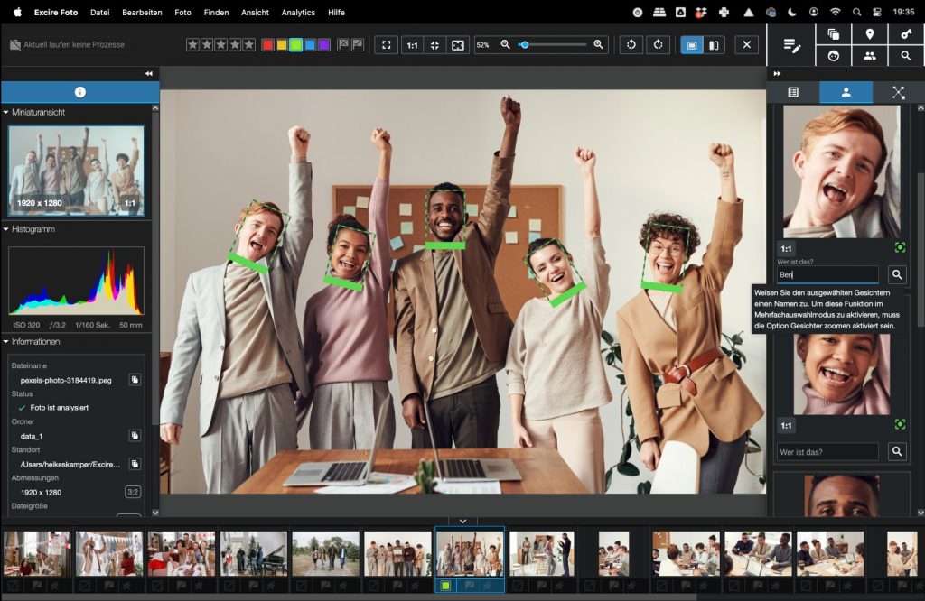 Screenshot der Gesichtserkennung in Excire Foto Office Edition mit markierten Gesichtern