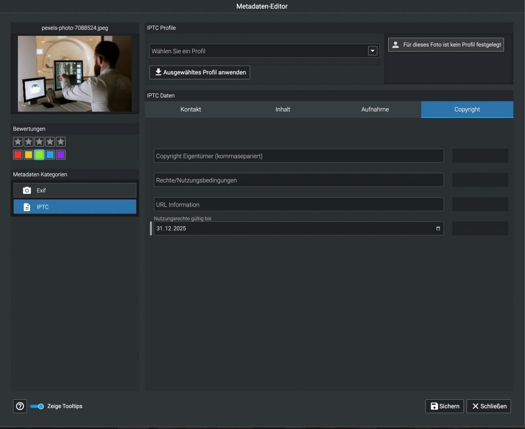 Screenshot des Metadaten-Editors in Excire Foto Office Edition mit IPTC-Daten