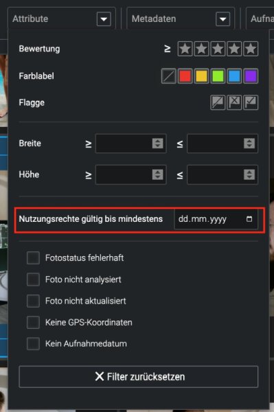 Screenshot der Nutzungsrechte-Einstellung in Excire Foto Office Edition