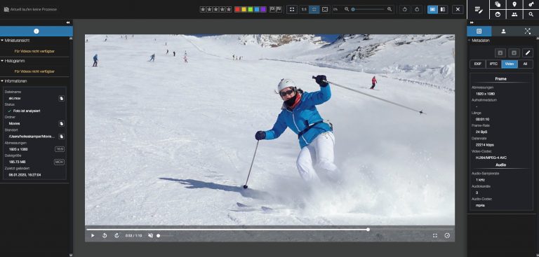 Screenshot eines Skifahrers auf der Piste, Videoansicht in Excire Foto Office Edition
