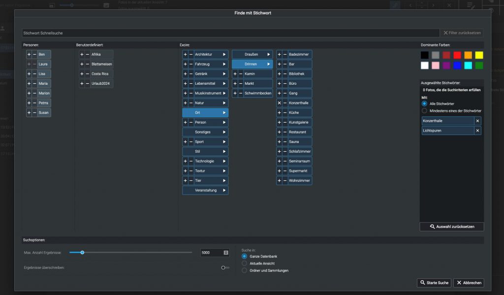 Screenshot der Stichwortsuche in Excire Foto Office Edition