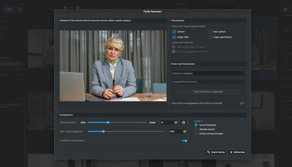 Bild der Excire Foto 2025 Software mit Gesichtserkennung und Filteroptionen für Personen