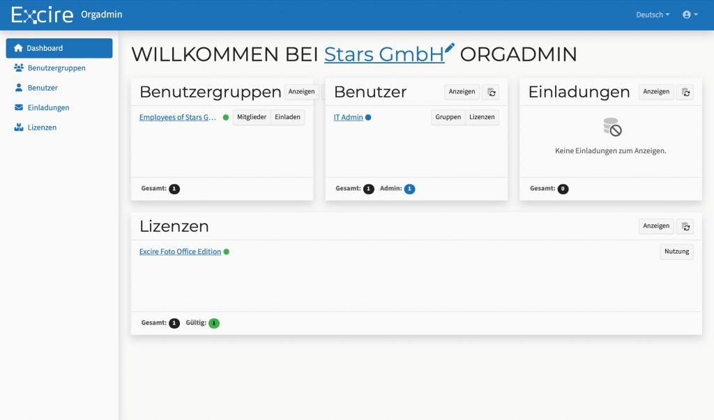 Screenshot des Dashboards in Excire Orgadmin mit Benutzer- und Lizenzübersicht
