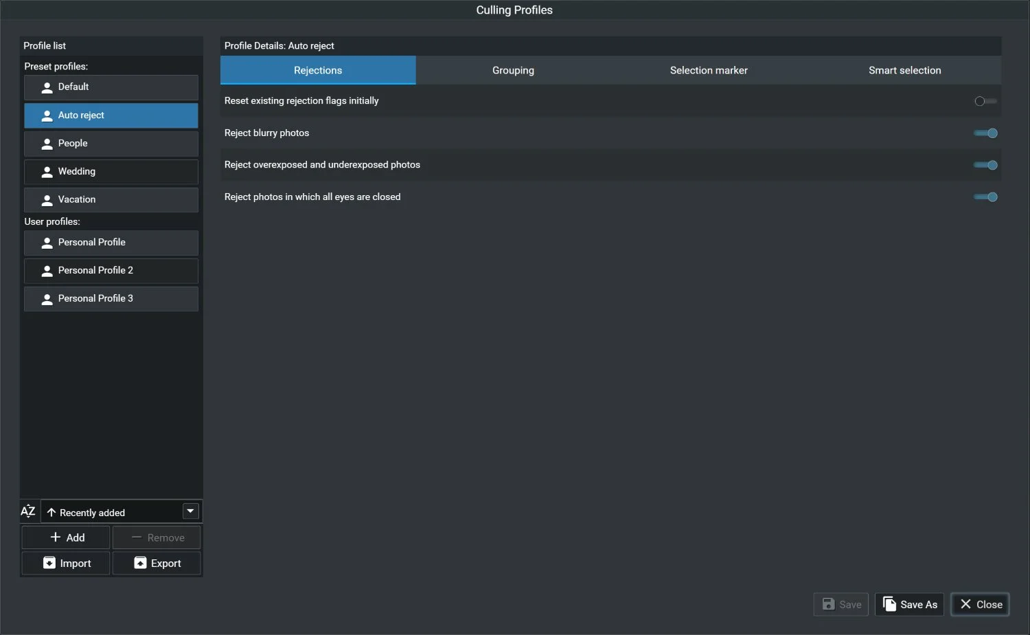 Screenshot in Excire Foto 2025 with the Culling Profiles dialog displaying AI automatic rejection options.