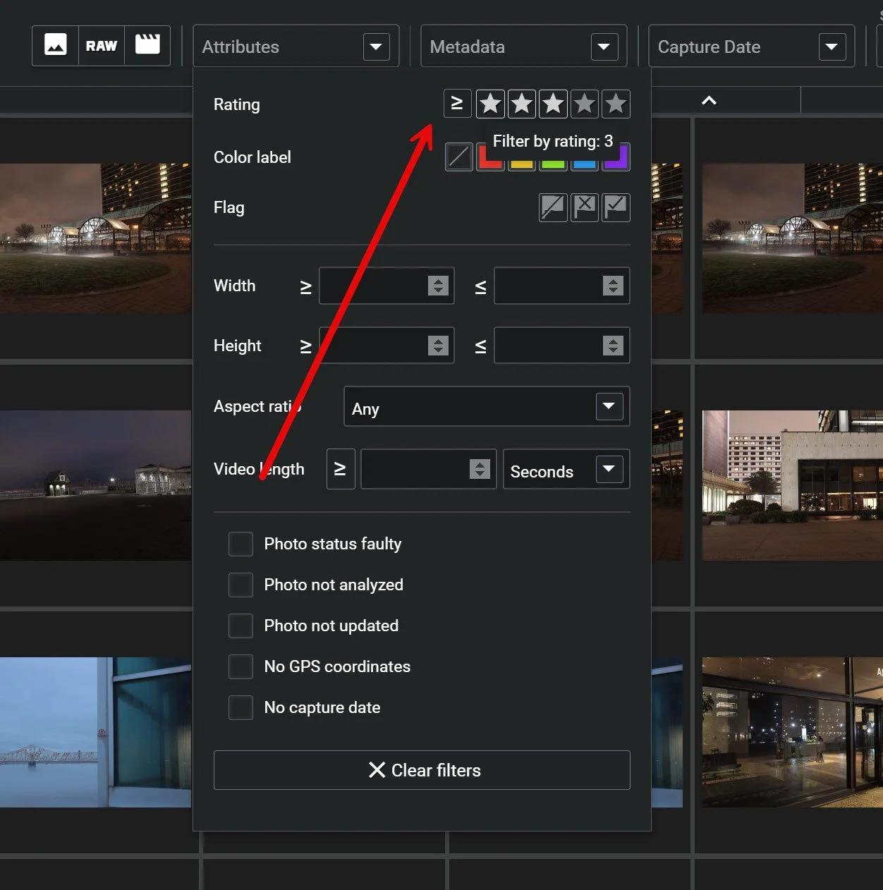 Screenshot of Excire Foto 2025 with images filtered to show files with three stars and above. 