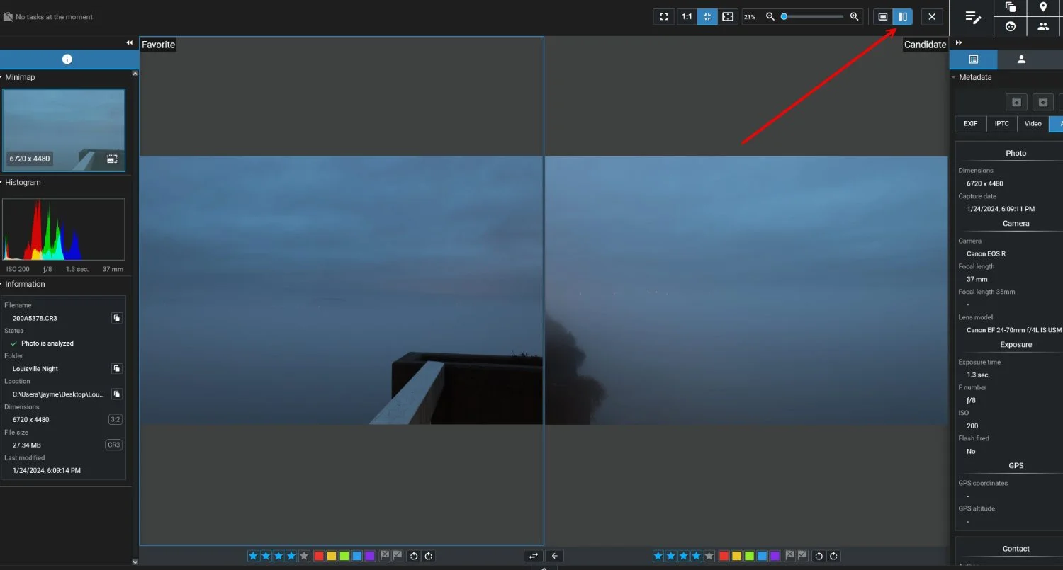 Excire Foto 2025 screenshot of the Compare View option with an arrow pointing to the relevant icon