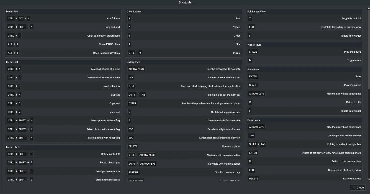 Screenshot from a photo-management program with a list of keyboard shortcuts displayed