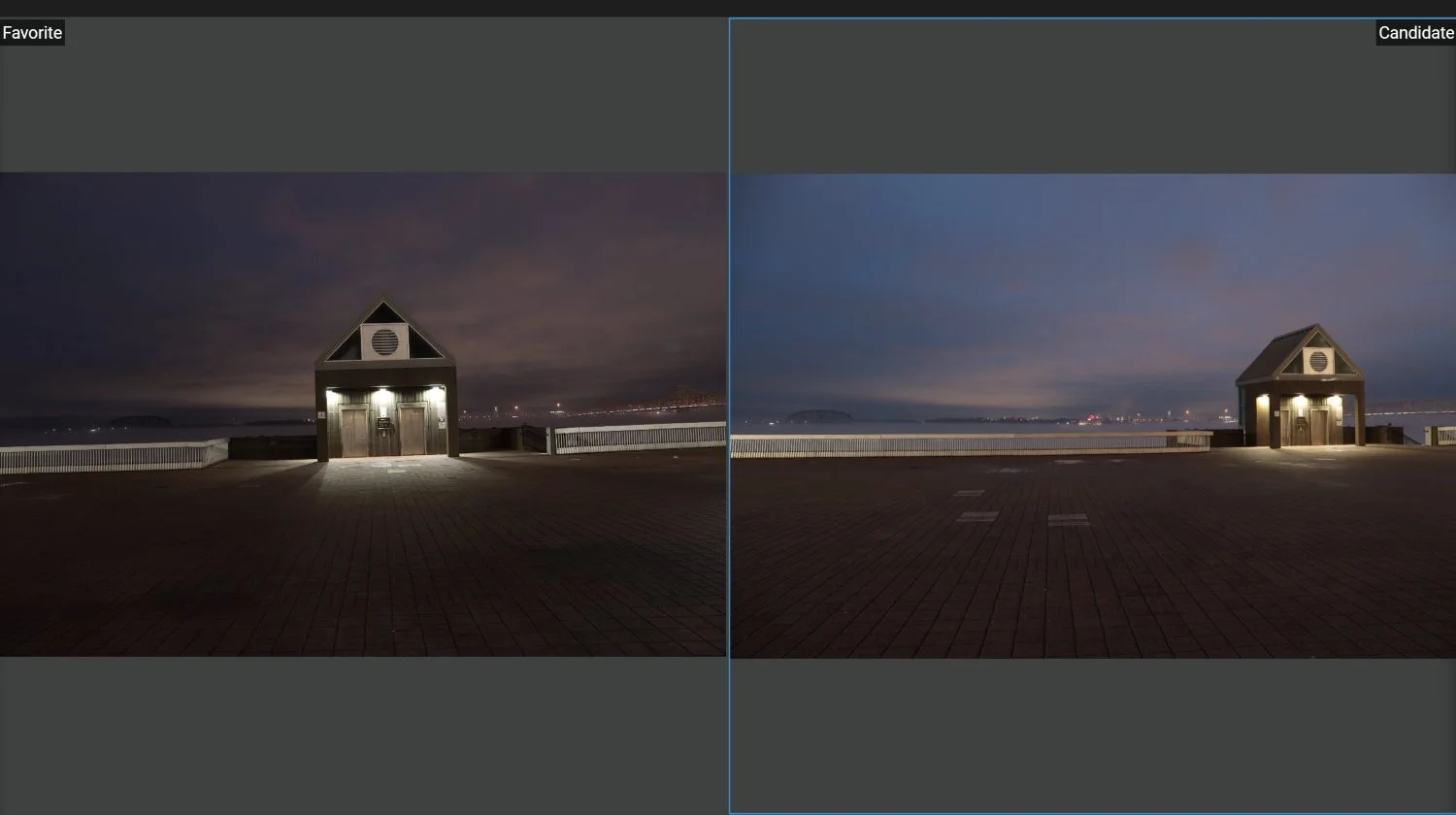 Screenshot of photography culling software comparing two different photos of a small building at night