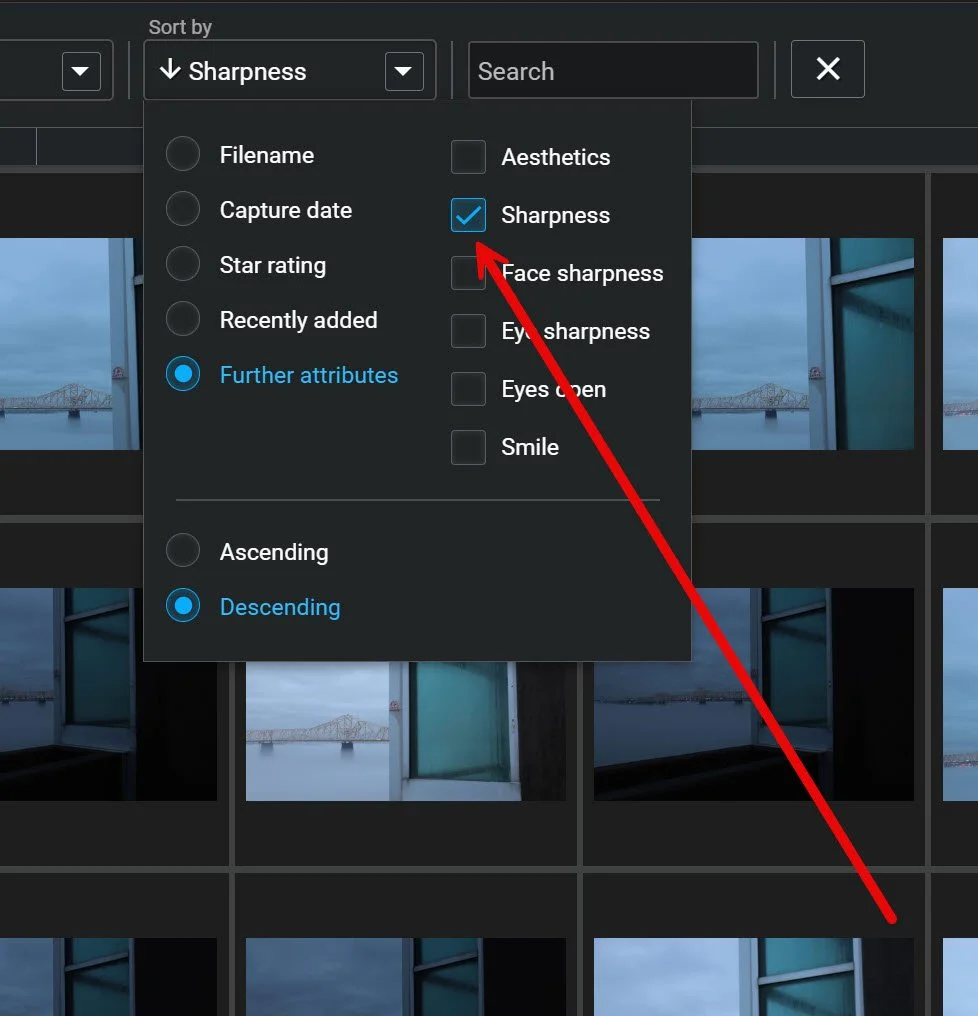 Screenshot in Excire Foto 2025's culling module with Sort By>Further Attributes>Sharpness selected