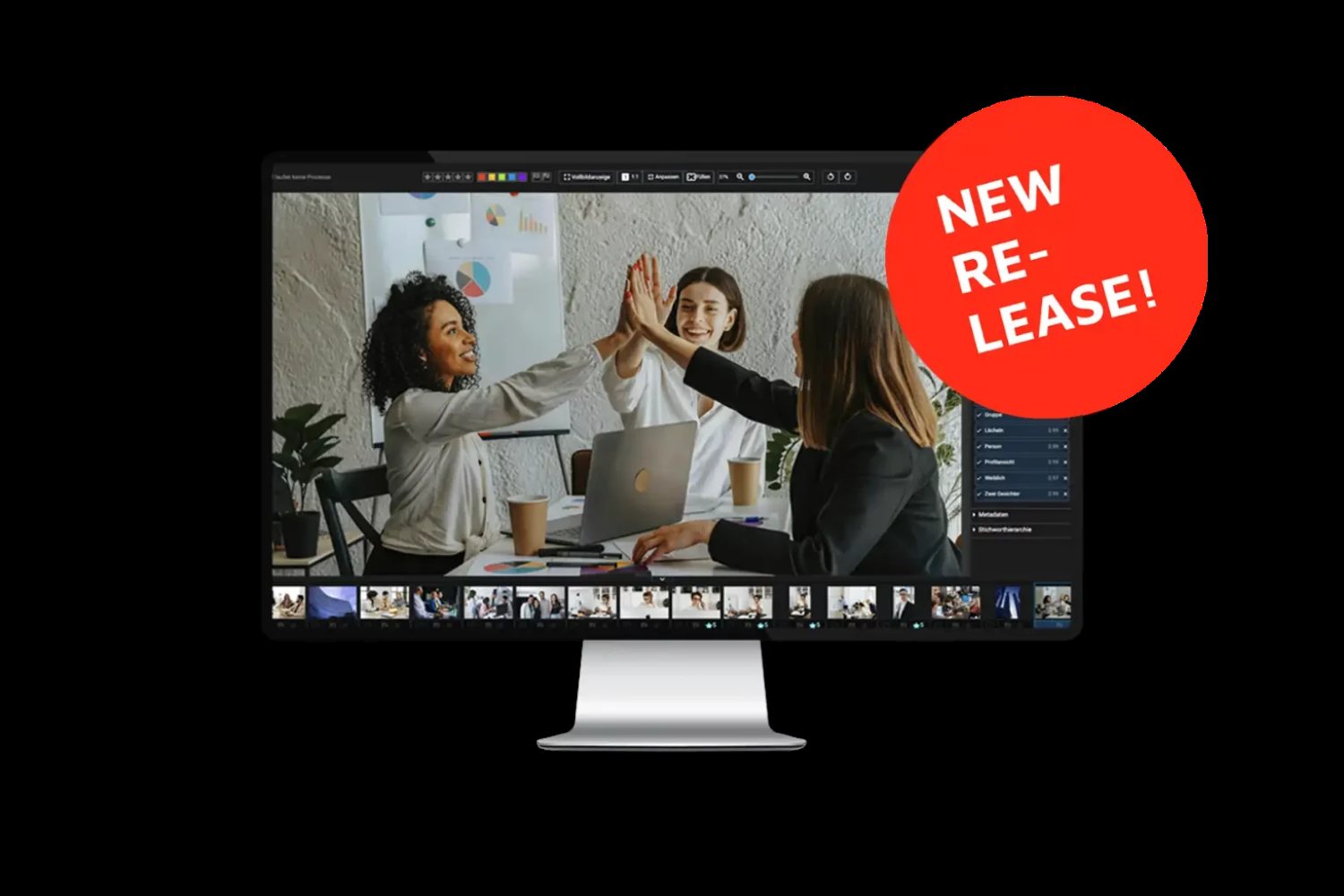 A computer monitor showing Excire Foto Office Edition with a picture of businesspeople high-fiving