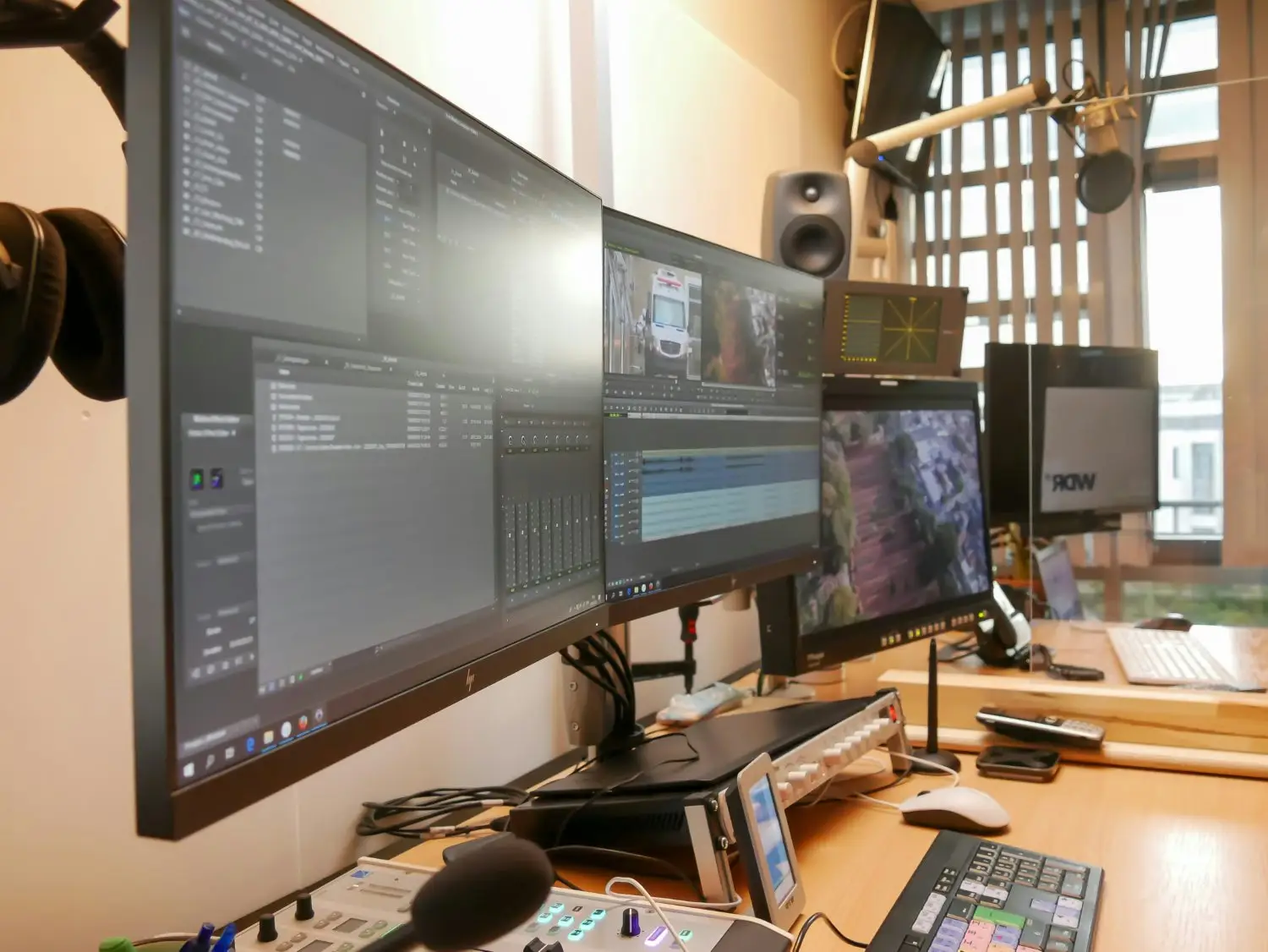 Several monitors in a video production environment showing clips and audio being edited
