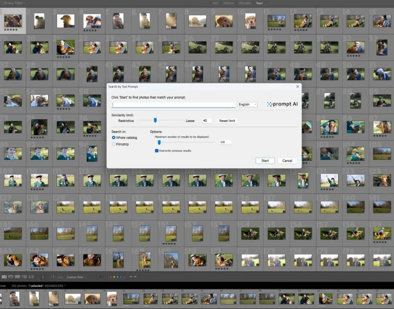 Lightroom Classic screenshot with the Excire Search by Text Prompt tool active