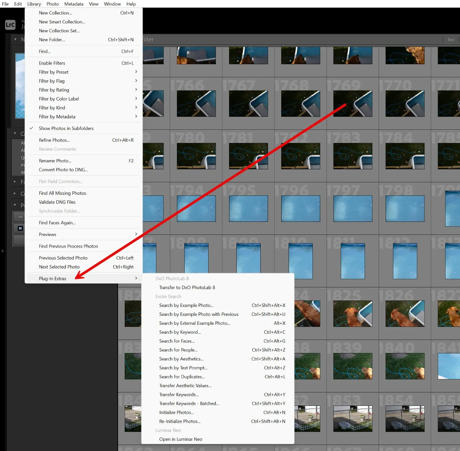 Lightroom Classic screenshot showing Library>Plug-in Extras menu