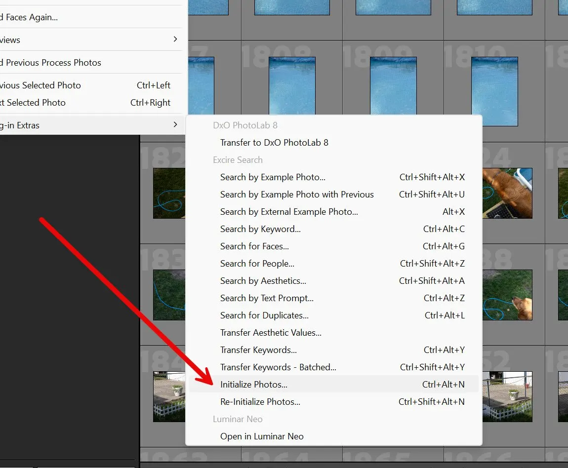 Lightroom Classic menu showing Excire Search Initialize Photos option