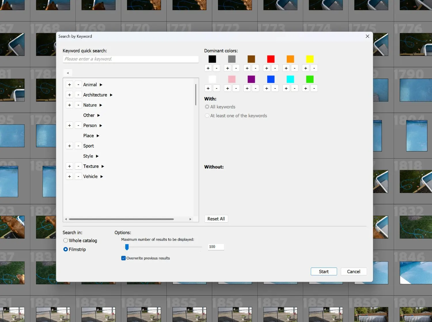 Lightroom Classic screenshot with Excire's Search by Keyword tool open