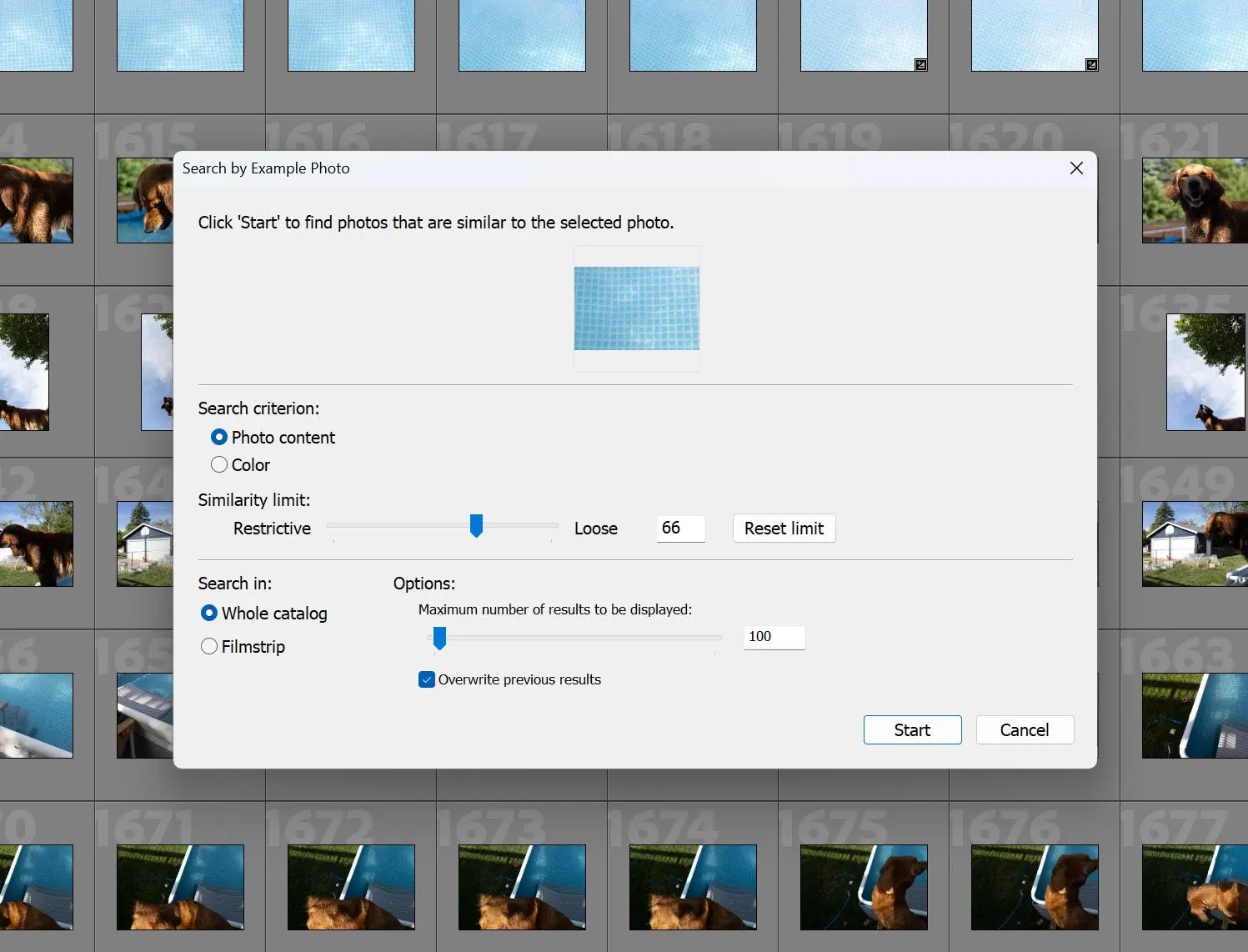 Lightroom Classic screenshot showing the Search by Example Photo tool from the Excire Search Lightroom plugin