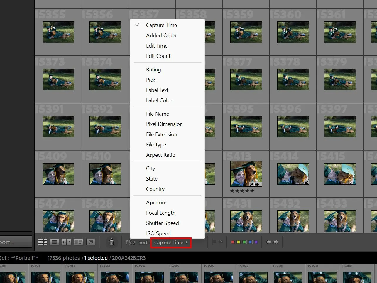 Lightroom Classic screenshot with the Sort fly-out menu