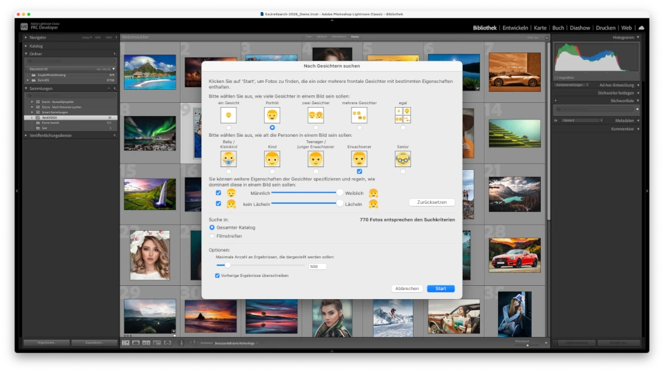 Lightroom Classic zeigt geöffnetes Fenster zur Gesichtssuche mit Filtern