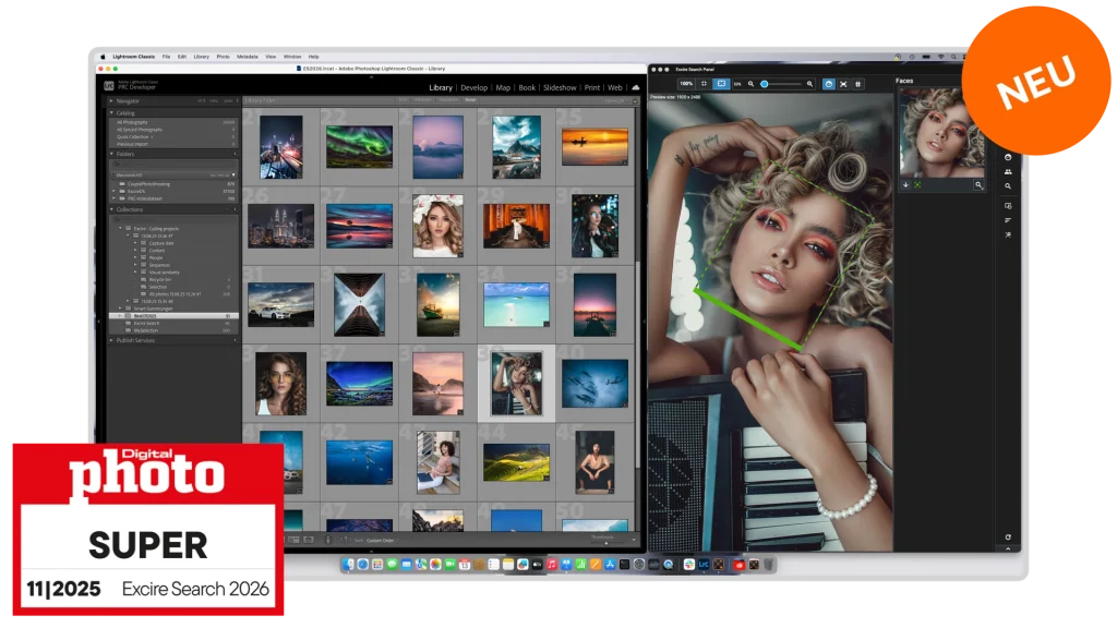 Excire Search in der Kachelansicht, dazu das bearbeitete Porträt im Editorfenster.