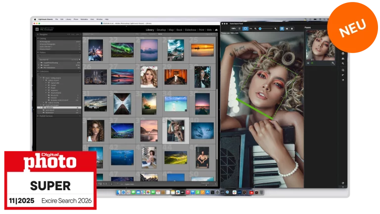 Excire Search in der Kachelansicht, dazu das bearbeitete Porträt im Editorfenster.