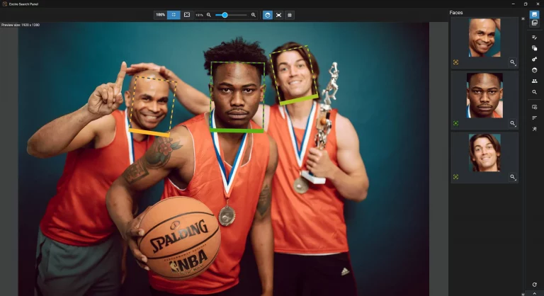Excire Software zeigt Gesichtserkennung und markierte Gesichter in einem Foto
