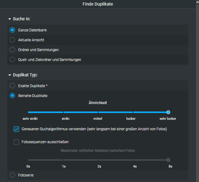 Excire-Foto-Dialog zur Duplikatsuche mit Bereichswahl, Ähnlichkeit und Optionen.