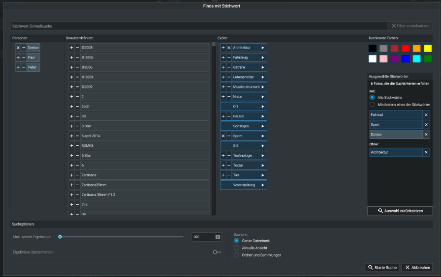 Dialog zur Stichwortsuche in Excire Foto mit Personen-, Themen- und Farbauswahl.