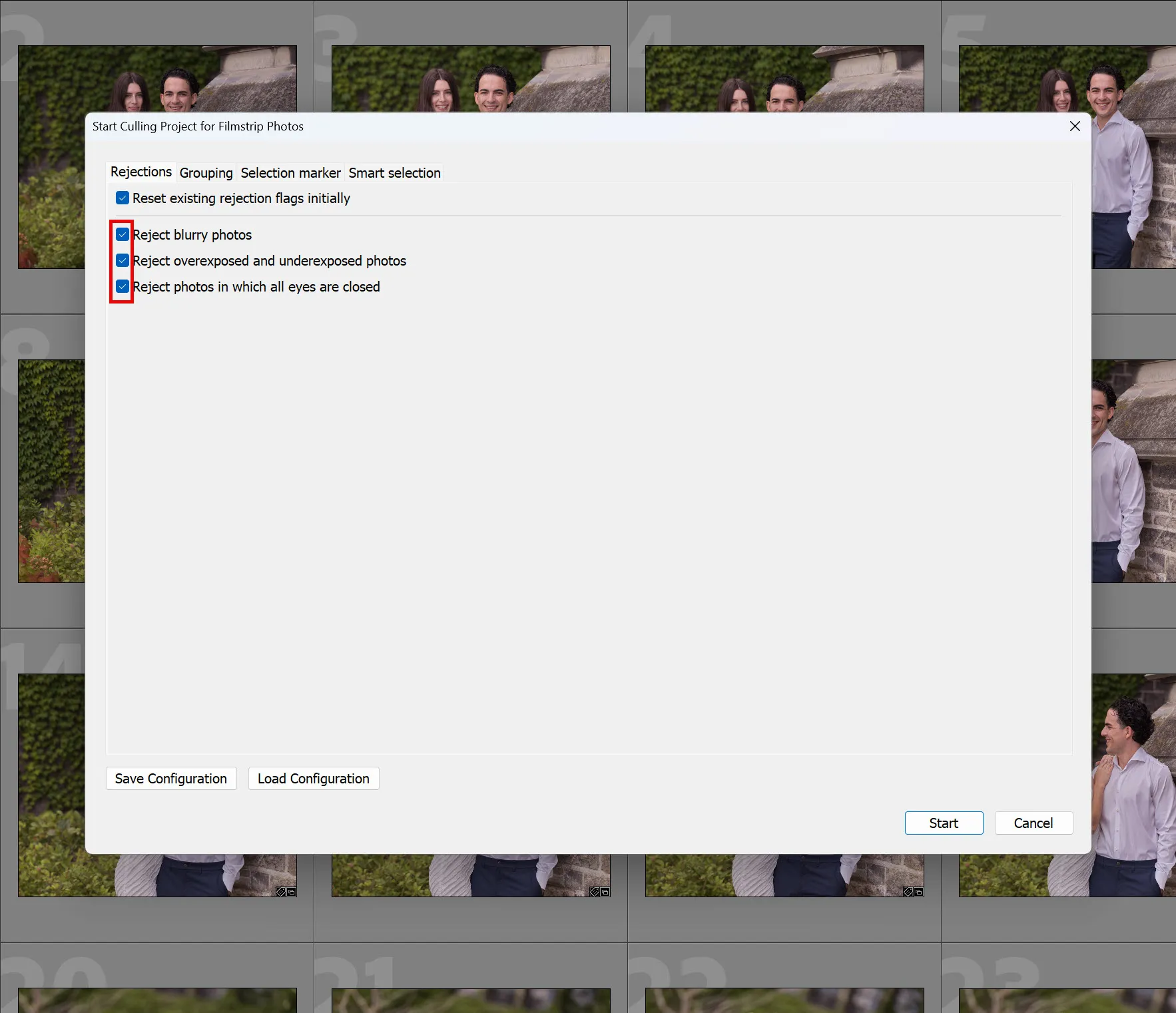 Rejection settings for the portrait culling test in Excire Search 2026